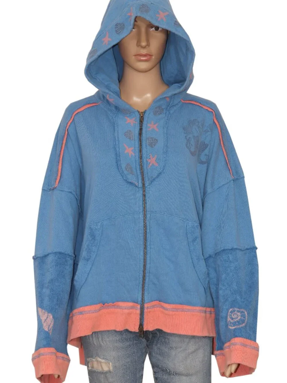 Free People We The Free Seashell Hooded Zip Jacket Kangaroo Pocket Blue XS